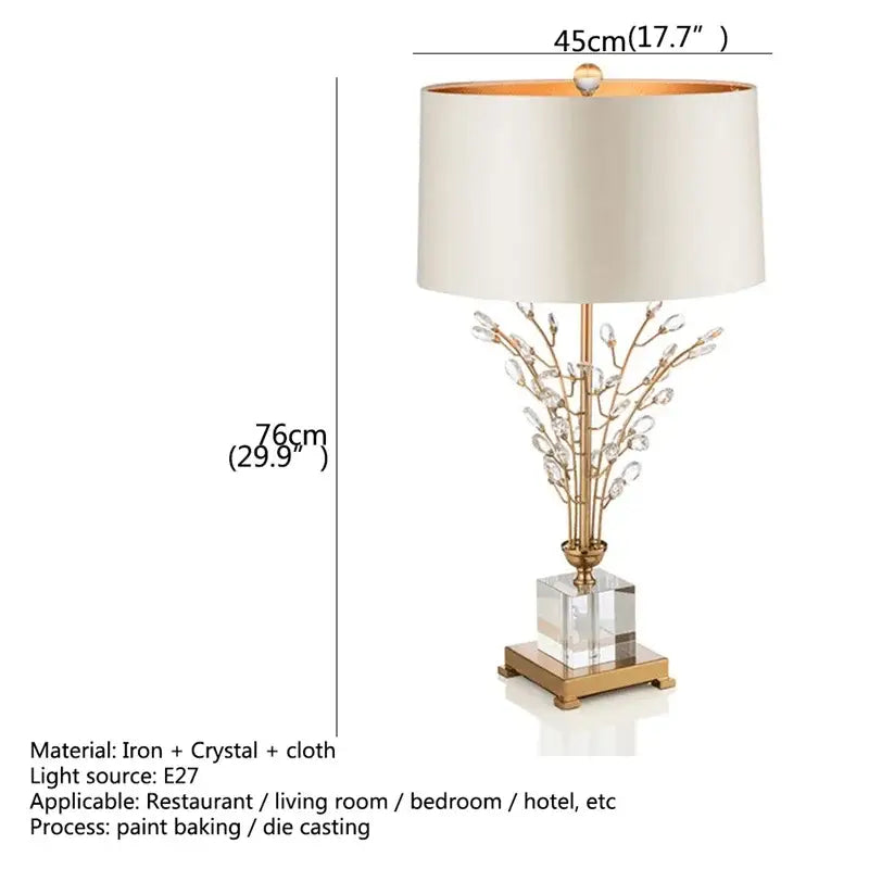 Elegant gold and cream decorbites crystal branch led desk lamp with fabric shade and acrylic base for bedroom decor
