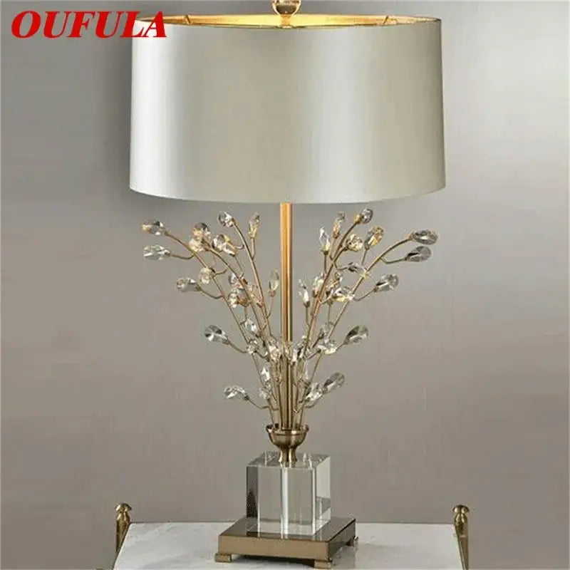 Gold-toned crystal branch led desk lamp with silver drum shade and clear acrylic base for bedroom decorbites crystal branch