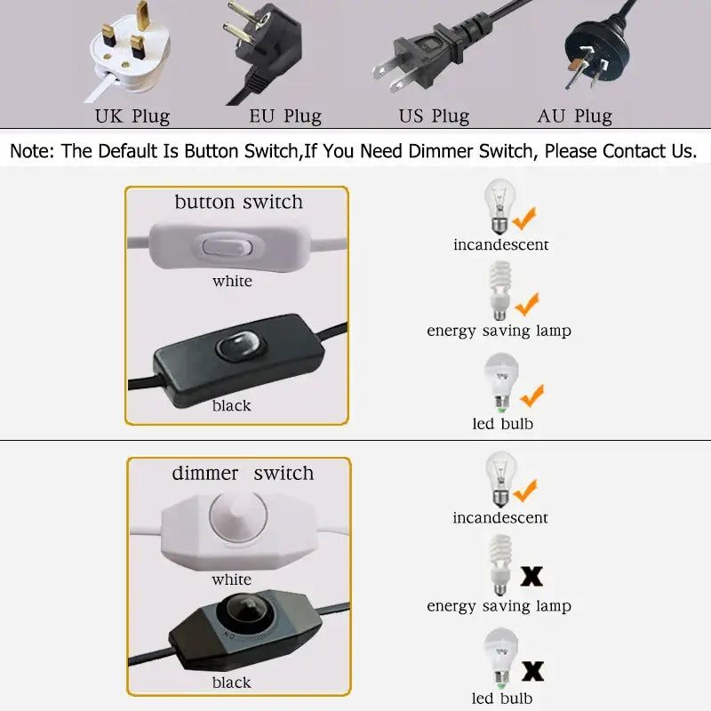 White and black button switches with cords for incandescent and led bulbs on gold and silver decorbites crystal branch led desk lamp