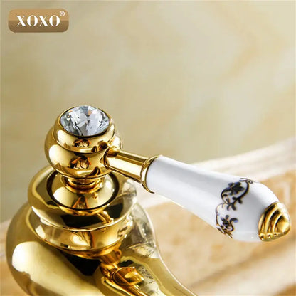 Gold and white ceramic bathroom basin faucet deck mounted mixer with gold finish and clear crystal handle decorbites bathroom basin