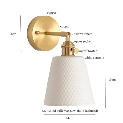 Gold and white ceramic led wall sconce with brass finish and textured diamond-patterned shade for bedroom decorbites ceramic led wall