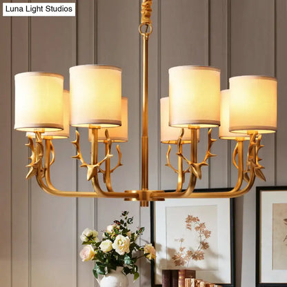 Antique brass gold antler fabric shade cylindrical chandelier with five cream fabric shades for living room LED lighting