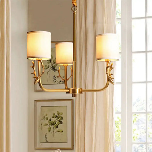 Gold antler fabric shade cylindrical chandelier with cream fabric shade and metal arms for living room led incandescent fluorescent lighting