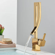 Gold bathroom basin faucet deck mounted single hole with sleek angular design and flowing water hot and cold mixer taps chrome black