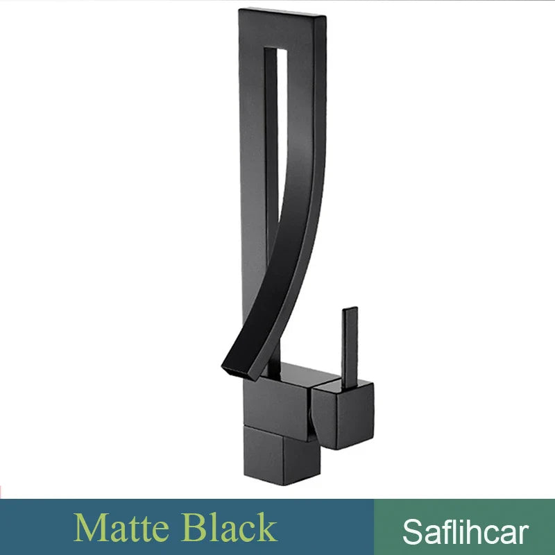 Matte black deck mounted single hole bathroom basin faucet with sleek angular design and curved spout for hot and cold mixer taps
