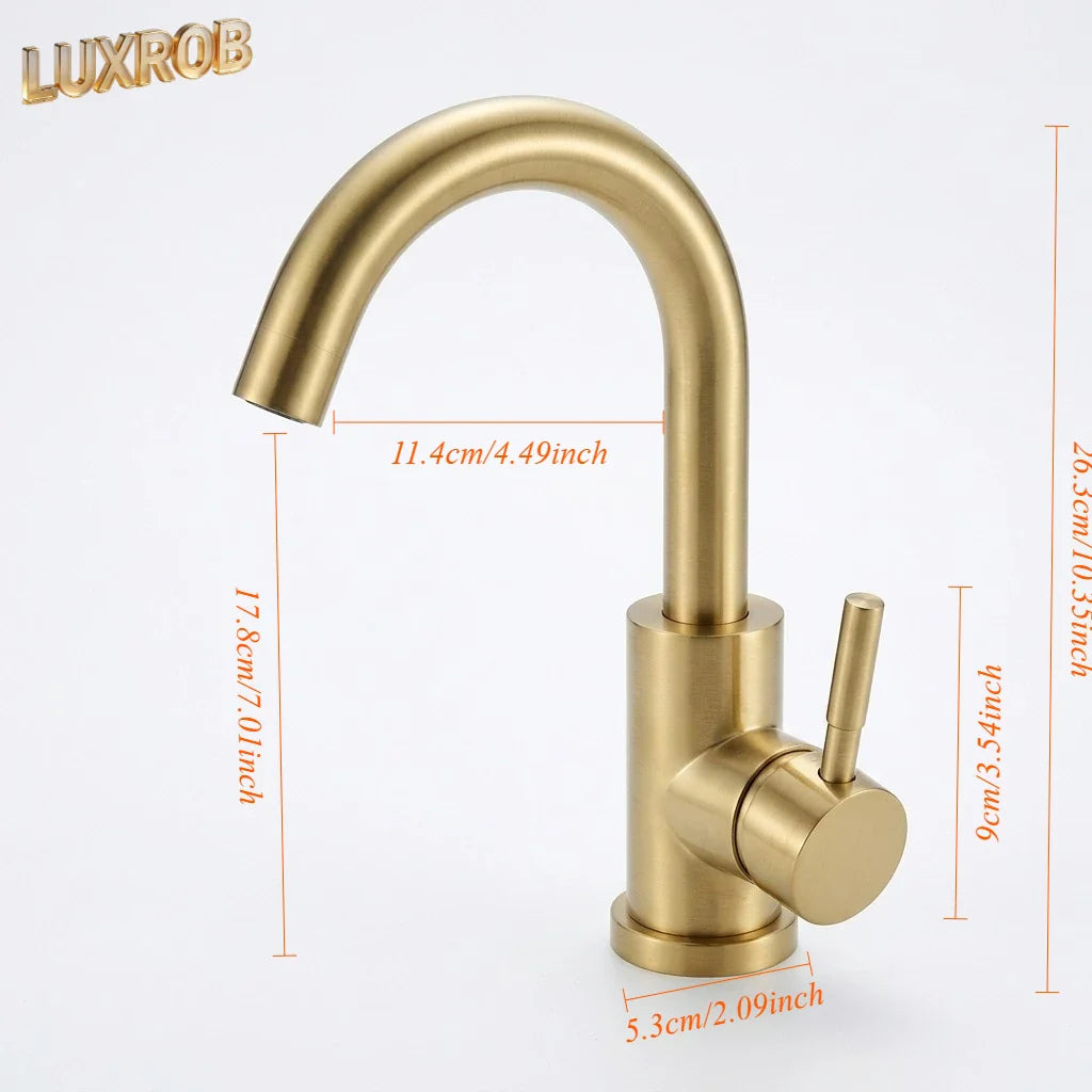 Luxrob gold bathroom faucet with single-handle, sleek curved spout, brushed stainless steel finish