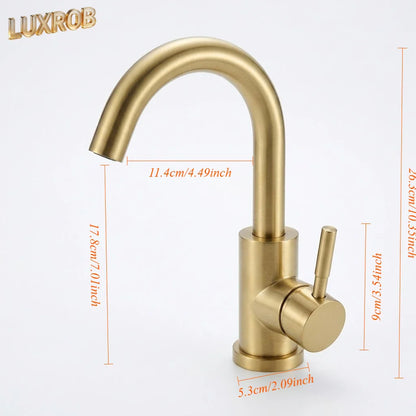 Luxrob gold bathroom faucet with single-handle, sleek curved spout, brushed stainless steel finish