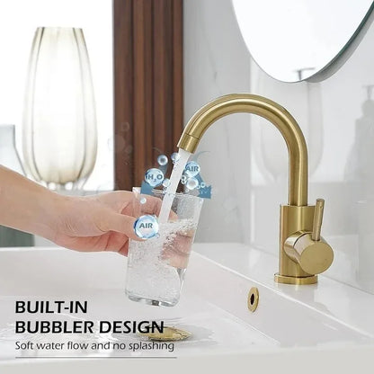 Gold bathroom faucet with curved spout and built-in bubbler design in stainless steel finish for modern use