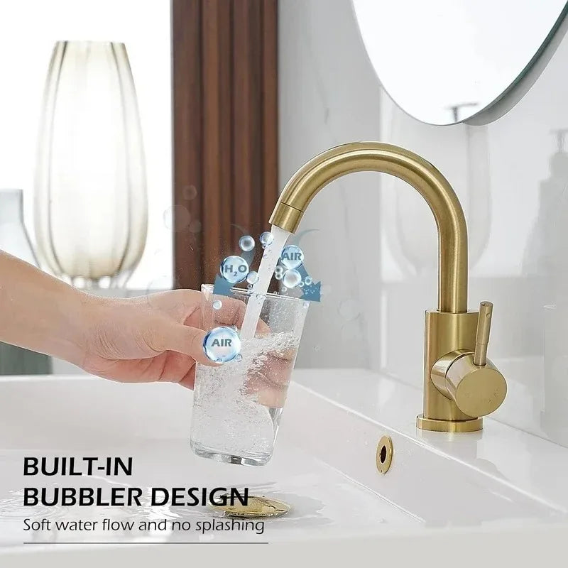 Gold bathroom faucet with curved spout and built-in bubbler design in stainless steel finish for modern use