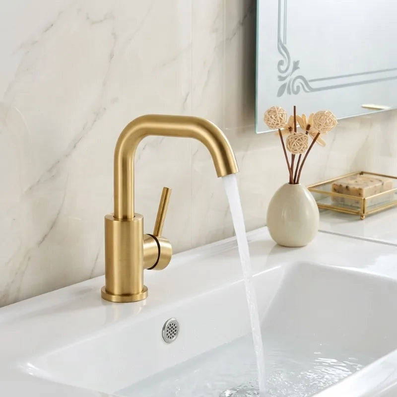 Gold bathroom faucet modern stainless steel with gold-toned finish curved spout and single lever handle