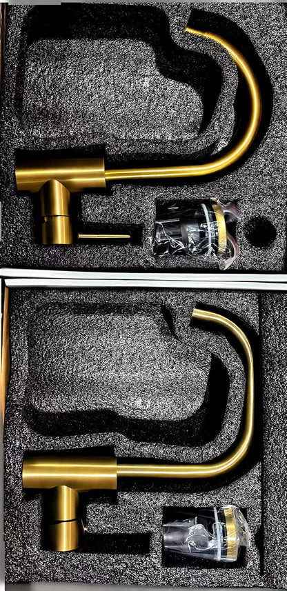 Gold bathroom faucet modern stainless steel with sleek curved spout and matching handles in gold finish