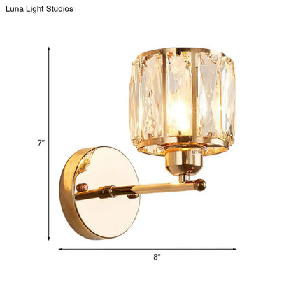 Gold wall lamp with beveled cut crystal cylindrical shade sconce light fixture for bedroom lighting