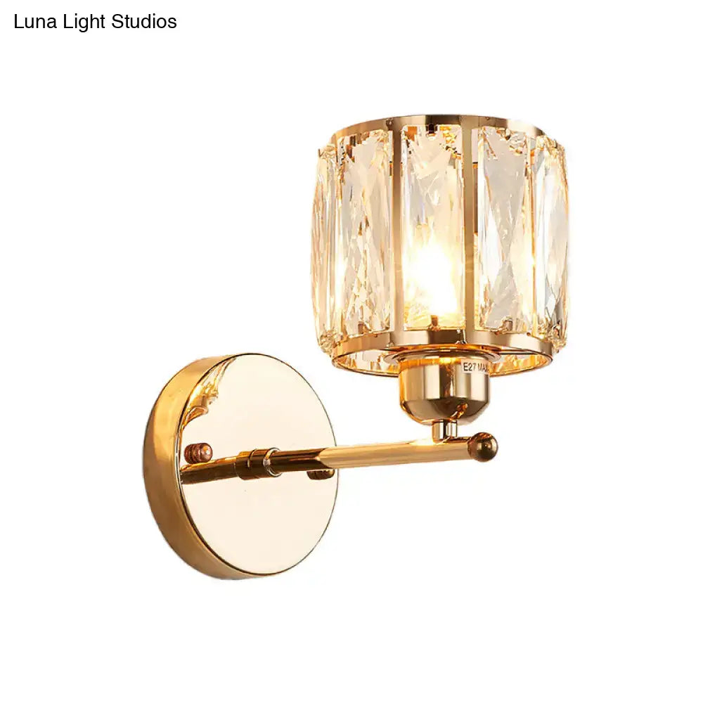 Gold finished wall lamp with beveled cut crystal cylindrical shade sconce light fixture for bedroom use