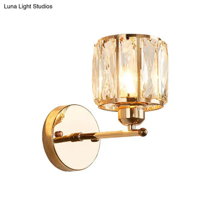 Gold finished wall lamp with beveled cut crystal cylindrical shade sconce light fixture for bedroom use