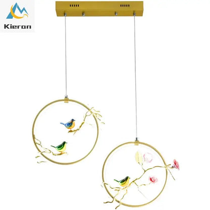 Gold bird led chandelier with gold circular pendants featuring painted birds and blossoms for dining room decorbites bird led