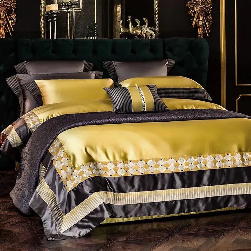 Luxurious gold and black satin bedding set with intricate geometric 200s embroidery egyptian cotton design
