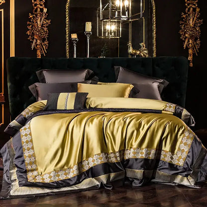 Luxurious gold and black satin bedding set with intricate geometric embroidery on 200s embroidery Egyptian cotton