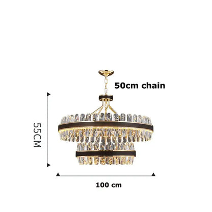 Gold toned two tier decorbites crystal oval chandelier with clear crystal droplets and dark bronze accents for dining room light