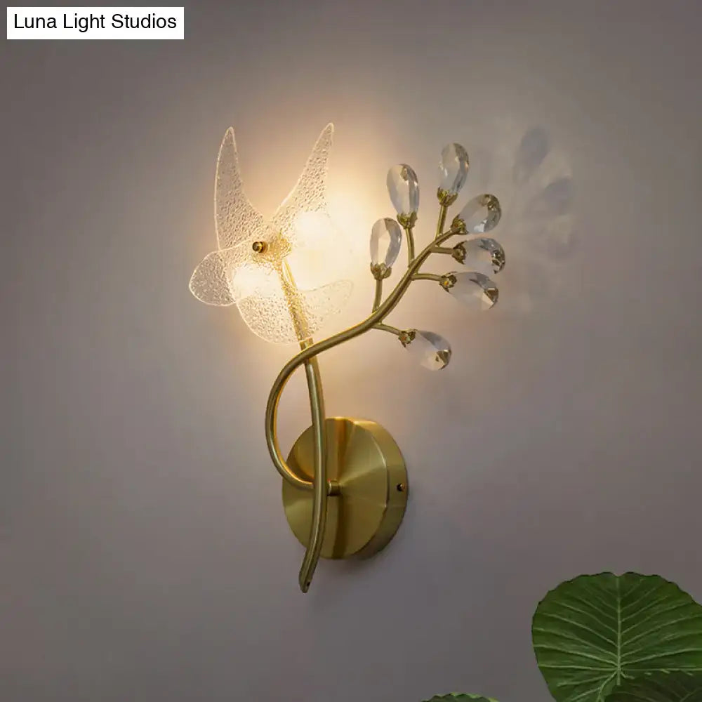 Gold branch crystal wall sconce with textured glass butterfly and teardrop accents for 110v-120v or 220v-240v use