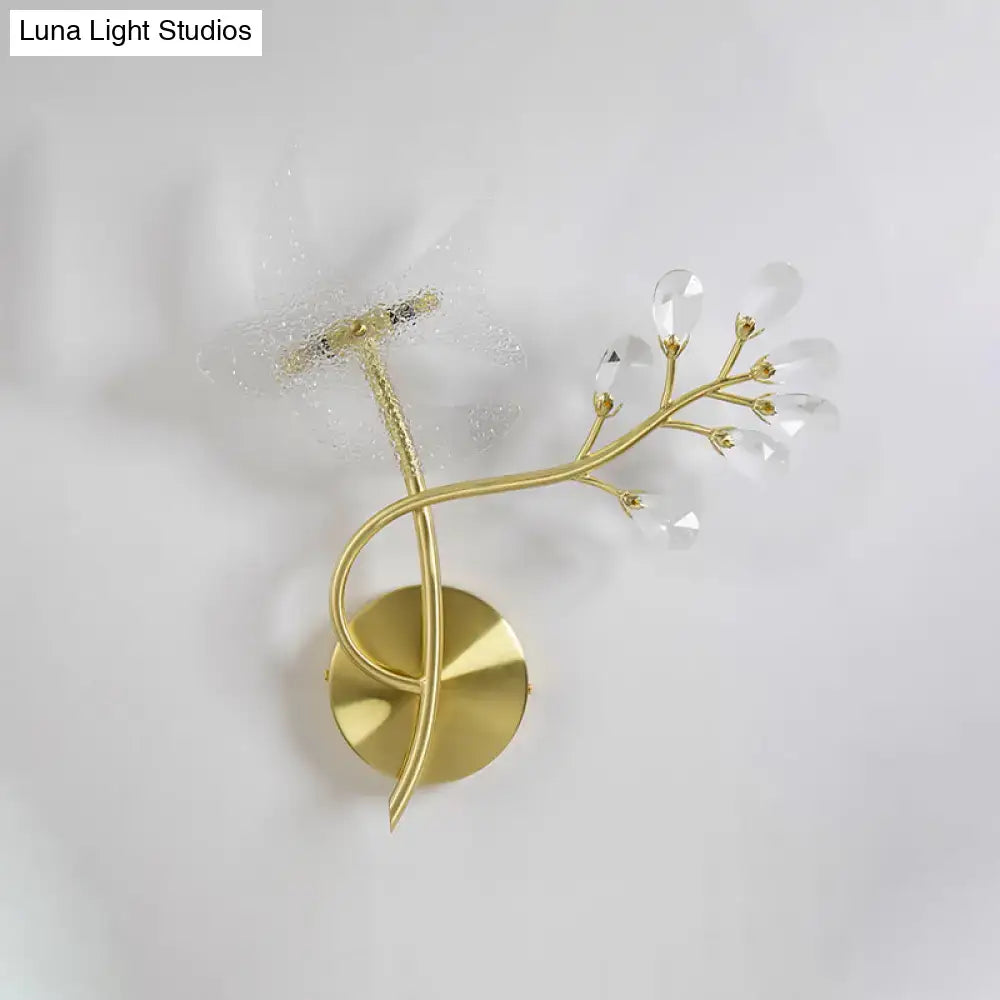Gold branch crystal wall sconce 110v-120v with gold-toned delicate branch design and clear faceted crystal droplets for bedroom light