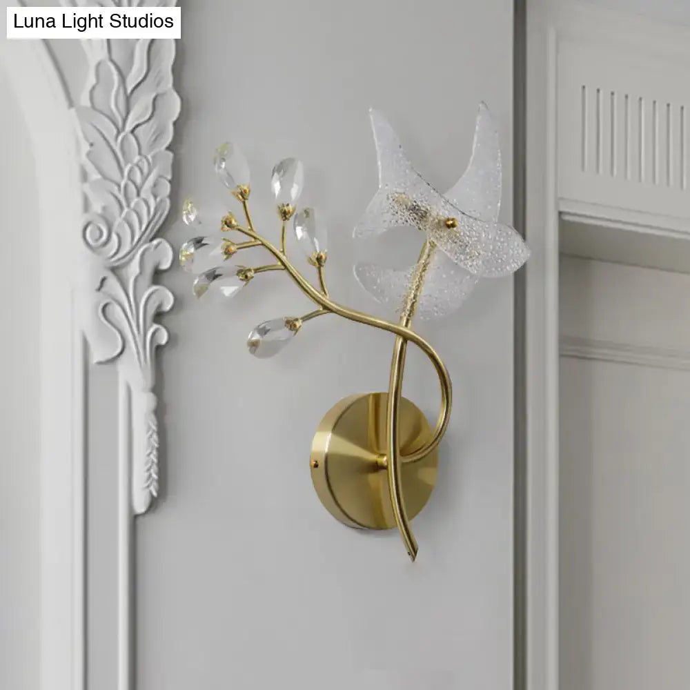 Gold branch crystal wall sconce bedroom light 110v-120v with gold tone, delicate branch design, and crystal droplets