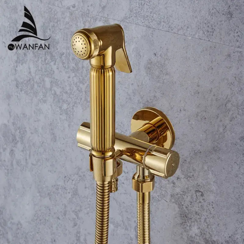 Gold brass handheld bidet faucet bathroom sprayer set with ribbed handle and flexible hose by decorbites bidet faucet
