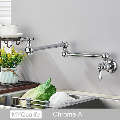 Chrome-finished extendable kitchen faucet with classic design and ornate handles in gold brass pot filler wall mounted style