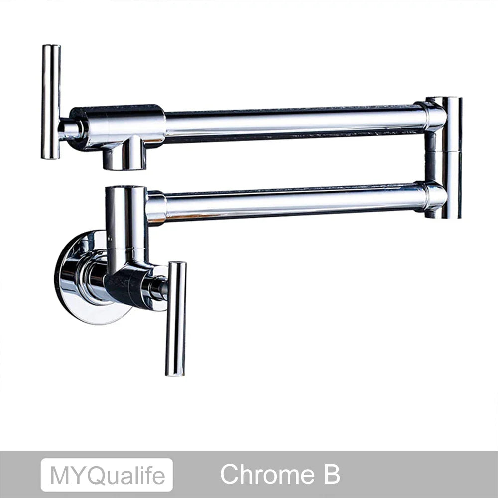 Gold brass pot filler wall mounted kitchen faucet with chrome finish, extendable arm, sleek modern design, and dual handles