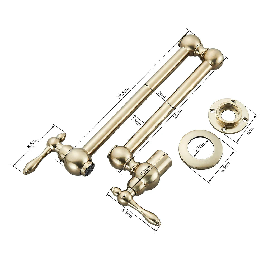 Gold brass pot filler wall mounted kitchen faucet with elongated spout and ornate spherical brass-finished handles