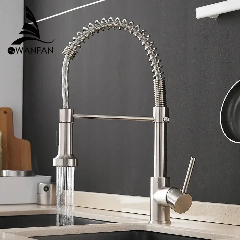 Gold brass spring spout kitchen faucet with stainless steel flexible coiled gooseneck and pull-down spray head decorbites brass spring