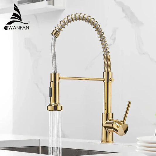 Gold brass spring spout kitchen faucet with pull down spray head featuring flexible coiled hose decorbites brass spring