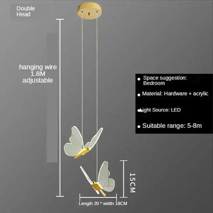 Gold butterfly acrylic chandelier pendant lamp with gold accents translucent wings and adjustable hanging wire for bedroom lighting