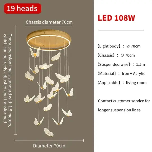 A modern decorbites butterfly chandelier with 19 white butterfly light heads on iron and acrylic chassis for living room