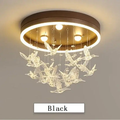 Black circular led ceiling lamp with crystal bird ornaments for kids bedroom decorbites crystal led lighting