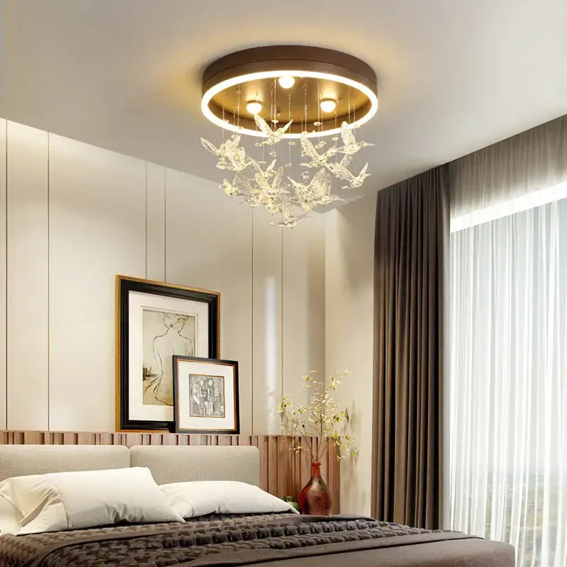 Gold butterfly crystal led ceiling lamp with warm gold frame and dangling crystal butterfly decorbites crystal led