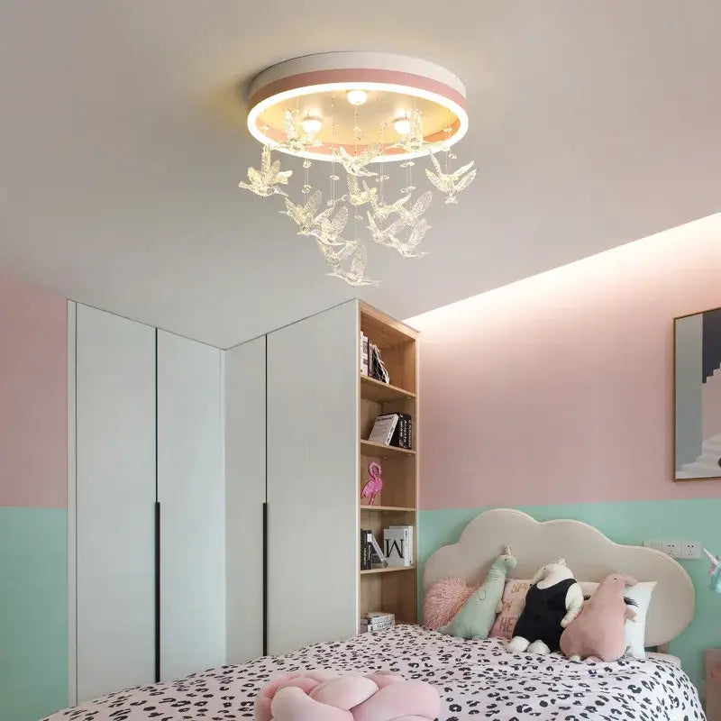 Gold butterfly crystal led ceiling lamp with pink and white frame and clear butterfly ornaments for kids bedroom decorbites crystal led