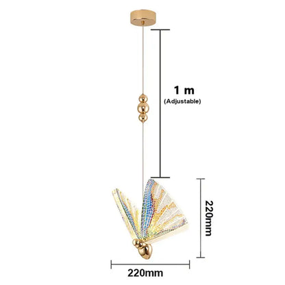 Gold butterfly pendant light with gold-toned butterfly shape, acrylic elements, iridescent wings, and adjustable chain light source