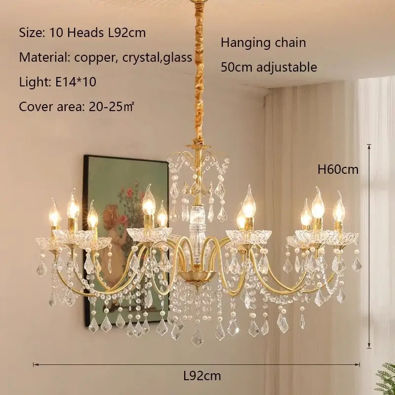 Golden copper decorbites crystal chandelier with ten light fixtures and crystal droplets for dining room decor