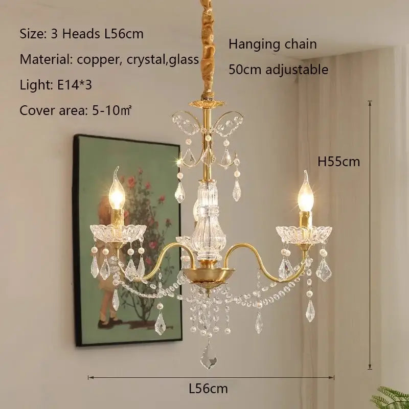 Gold candle style three-arm decorbites crystal chandeliers light with crystal droplets and glass shades for dining room decor