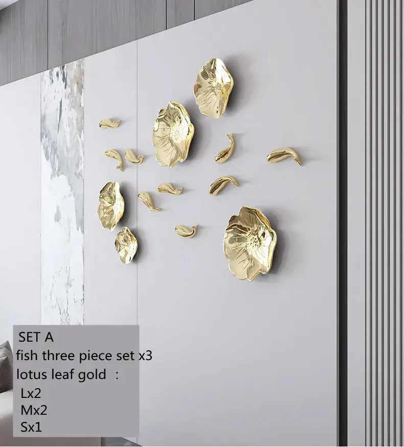 Gold lotus leaf wall decor pieces in metal with carp fish lotus design for living room decor by decorbites carp fish