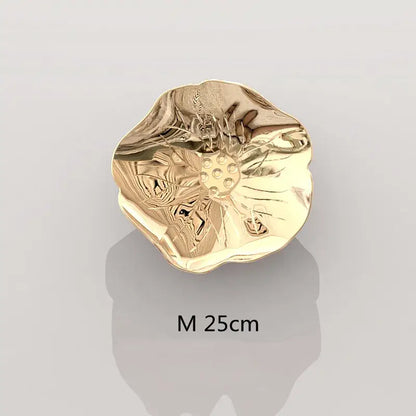 Gold-colored intricately engraved flower-shaped dish with reflective metallic finish and scalloped edges for carp fish lotus decorbites wall art