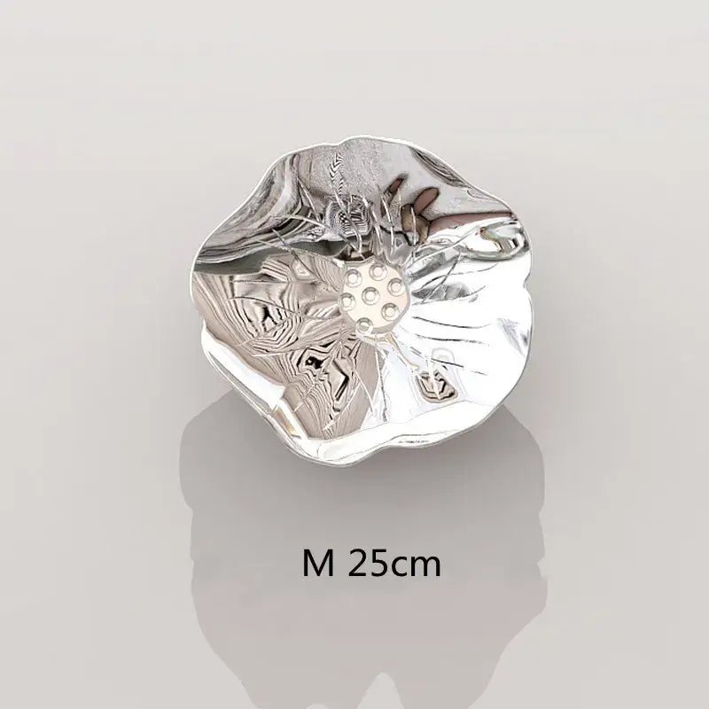 Silver flower-shaped dish with intricate engraved petals and central pattern for decorbites carp fish lotus wall art