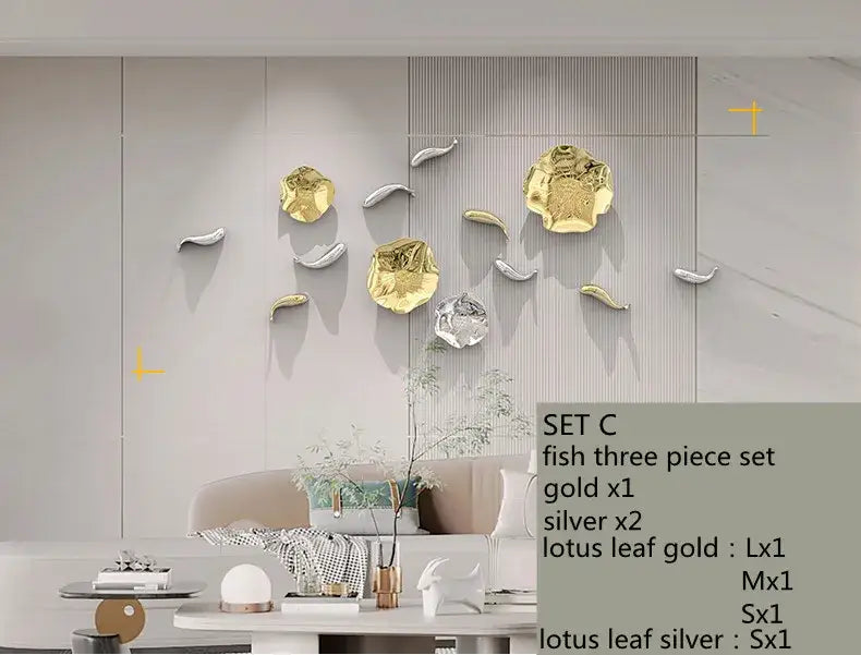 Gold and silver metallic carp fish lotus wall art set with glossy reflective finish for living room decor by decorbites carp fish