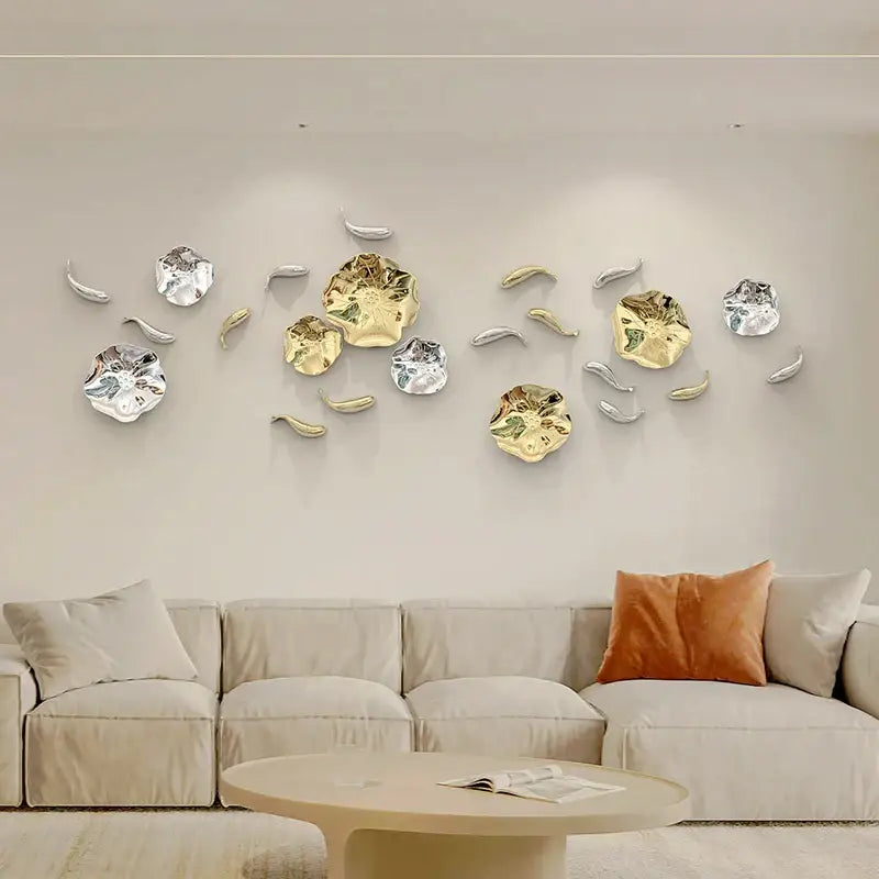 Gold and silver metallic leaf-shaped wall art featuring carp fish lotus design for decorbites carp fish living room decor