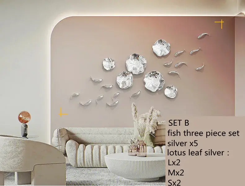 Silver metallic carp fish and lotus leaf wall art set for living room decor by decorbites featuring carp fish lotus design