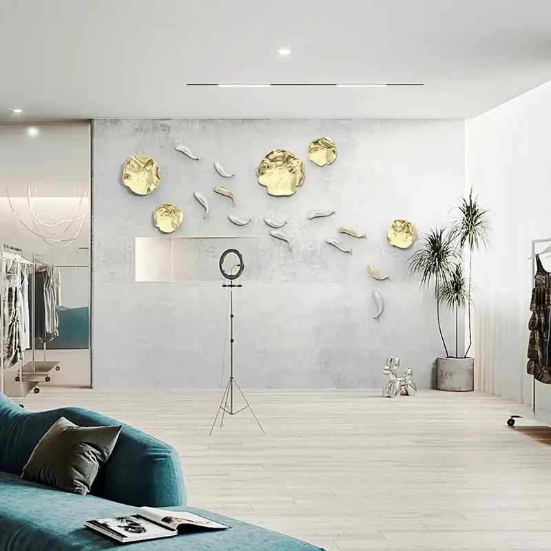 Gold and silver metallic leaf-shaped wall art featuring carp fish lotus design for decorbites carp fish living room decor