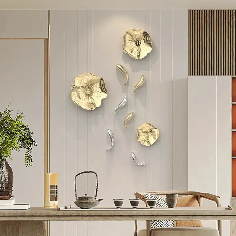 Gold-toned metallic carp fish lotus leaf wall art pieces for living room decor by decorbites carp fish collection