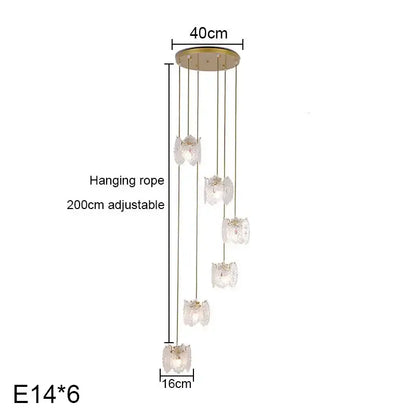 Gold carved glass pearl chandelier with six clear flower-shaped shades and adjustable ropes for dining room decorbites carved glass