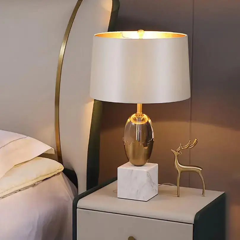 Gold ceramic crystal fabric table lamp with white satin shade and marble base for elegant bedroom decor