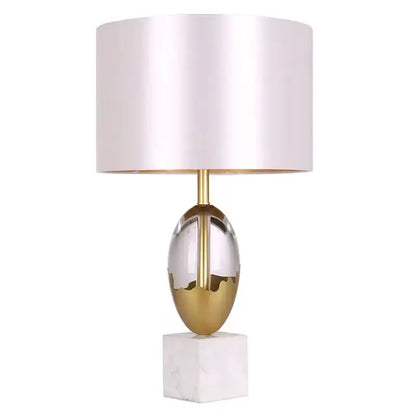 Elegant gold ceramic crystal fabric table lamp with satin white drum shade and marble base for bedroom use